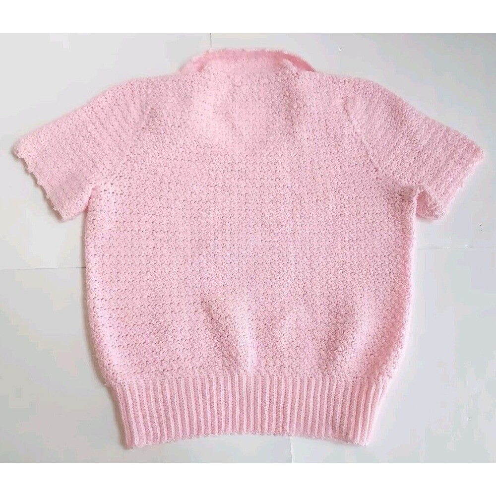 Vintage Handmade Knit Medium Pink V Neck Short Sleeved Collared Top Size XL - Picture 5 of 5